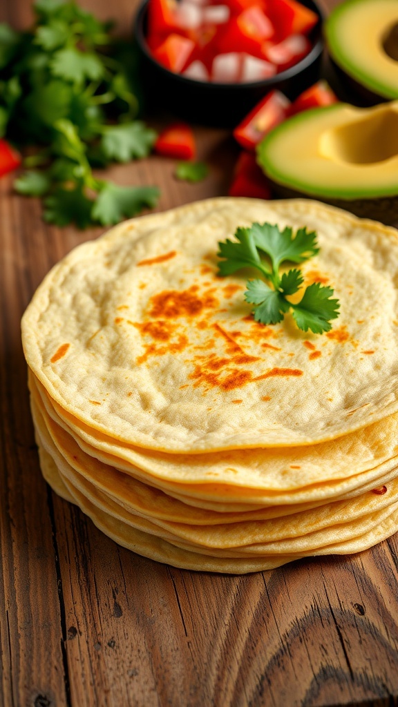 Freshly made corn tortillas stacked on a wooden table with colorful ingredients for tacos.